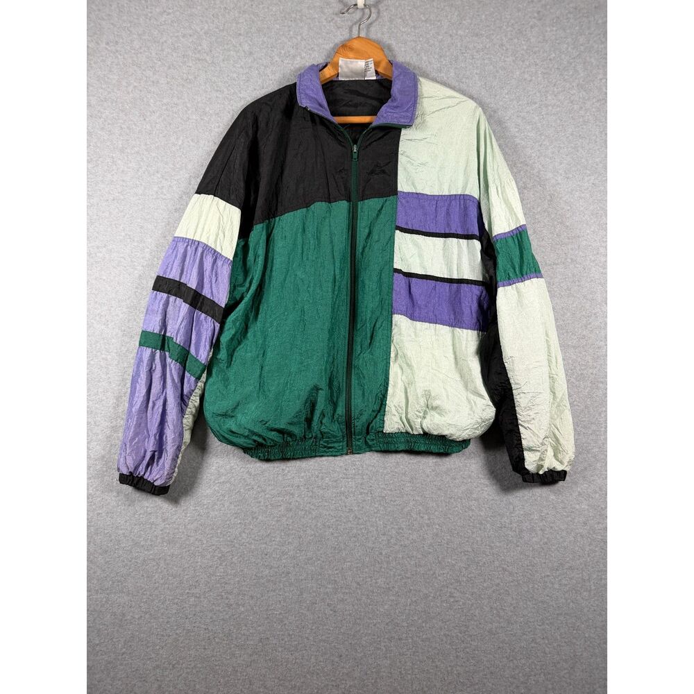 Vintage 90s Active Wear L Colorblock Nylon Windbreaker Jacket Teal Purple 3969